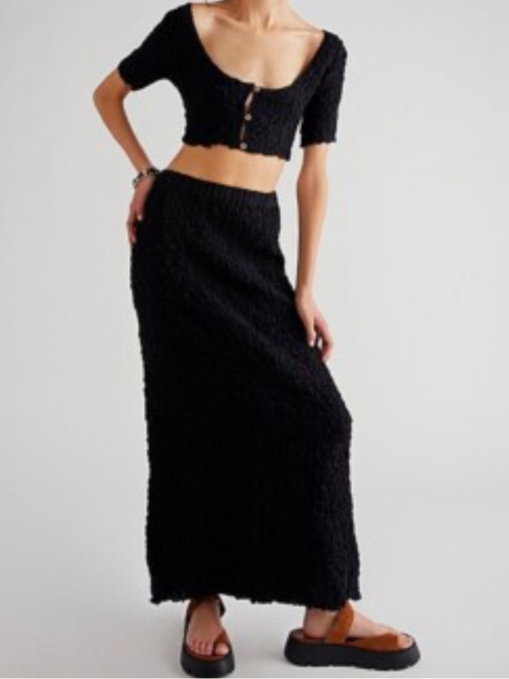Free People Sz M Set Double the fun Black Maxi Skirt Cropped Top Boho Beach.